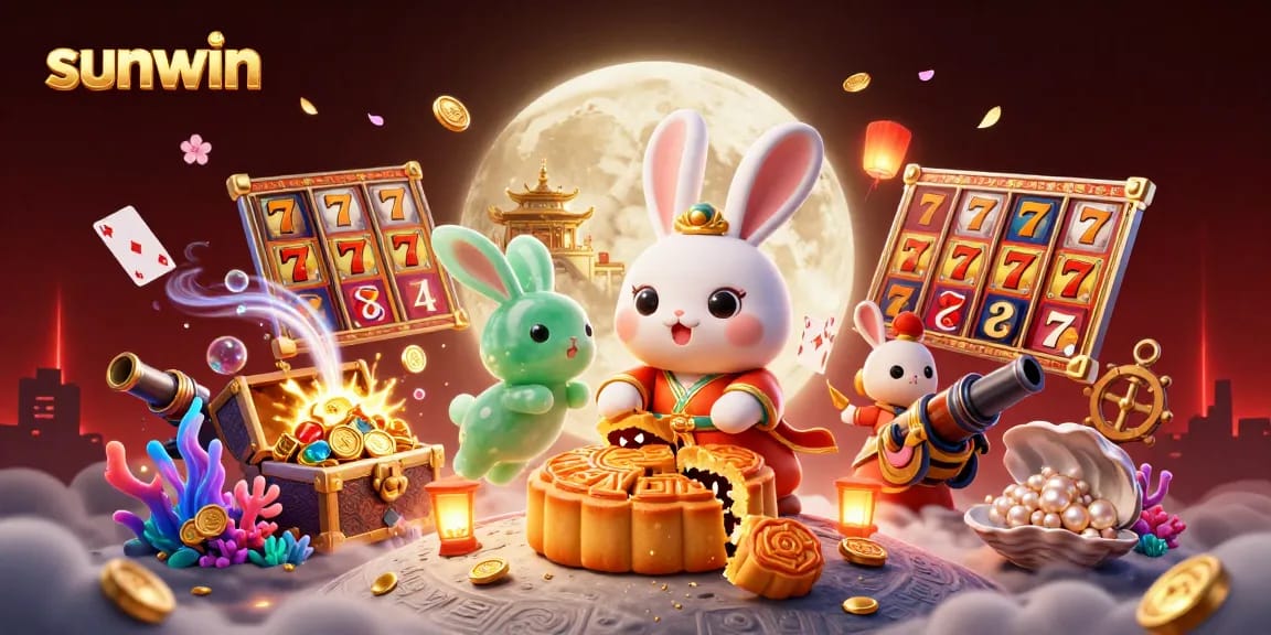 Win with sunwin: 3D moon rabbit illustration celebrating casino gaming and fortune