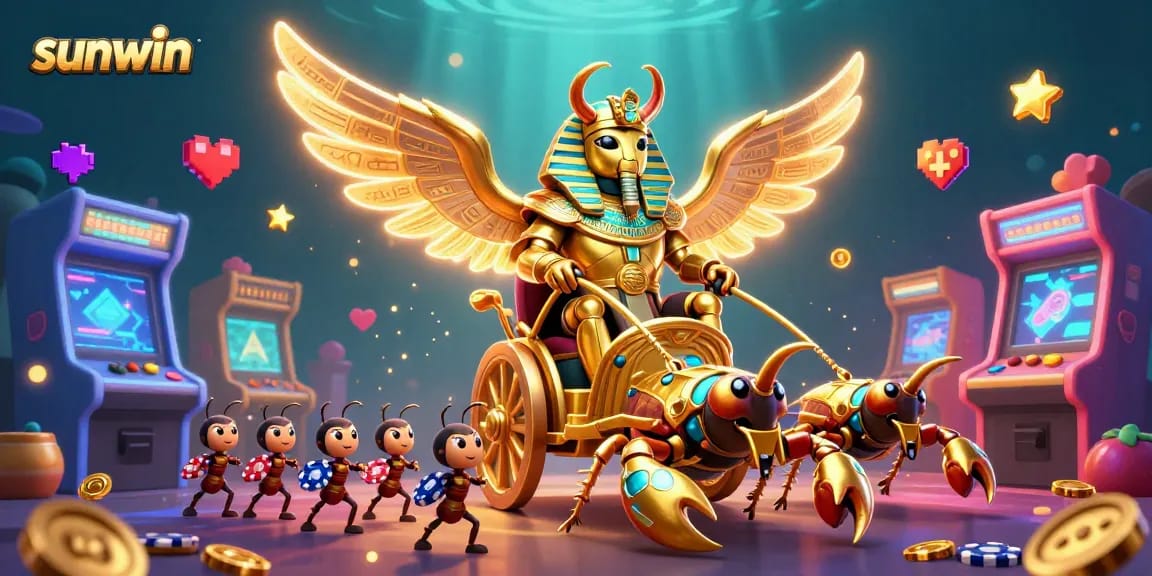 Engage with exciting games at sunwin, where a vivid illustration showcases a colossal scarab and gaming elements.