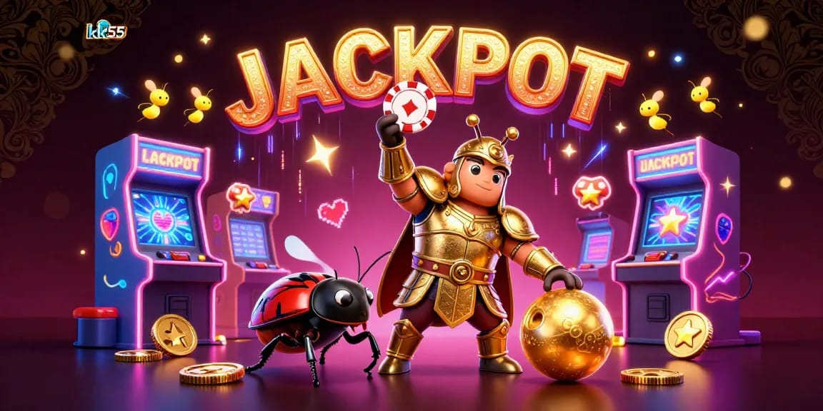 Engage with the thrilling kk55 casino experience featuring a victorious beetle champion amid vibrant game elements and glowing jackpot effects.