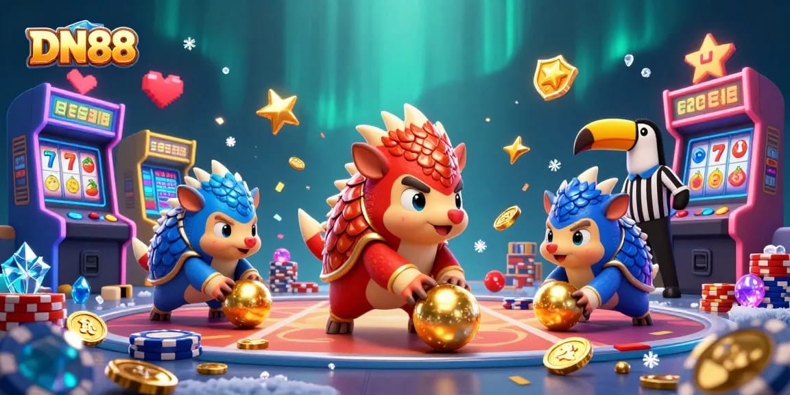 Engage in thrilling gaming action with DN88's competitive pangolin scene filled with colorful casino elements.