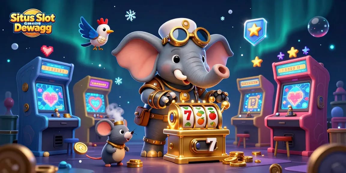 Situs Slot Gacor Dewagg showcases a steampunk elephant winning at a golden slot machine amidst vibrant gaming elements.