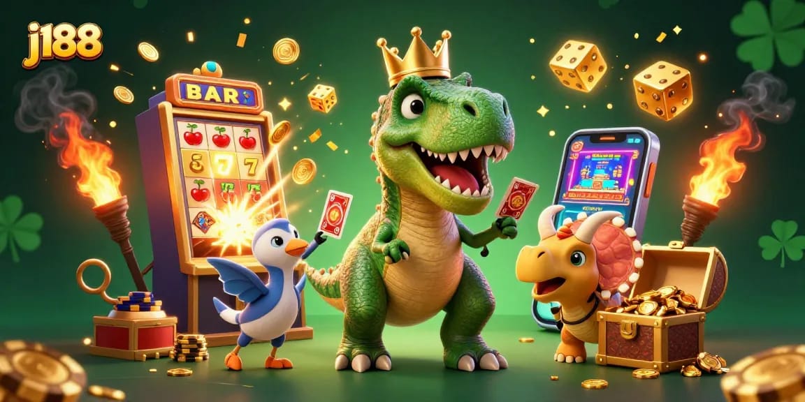 Experience thrilling gameplay at j188 with vibrant cartoon characters in a dynamic casino scene.