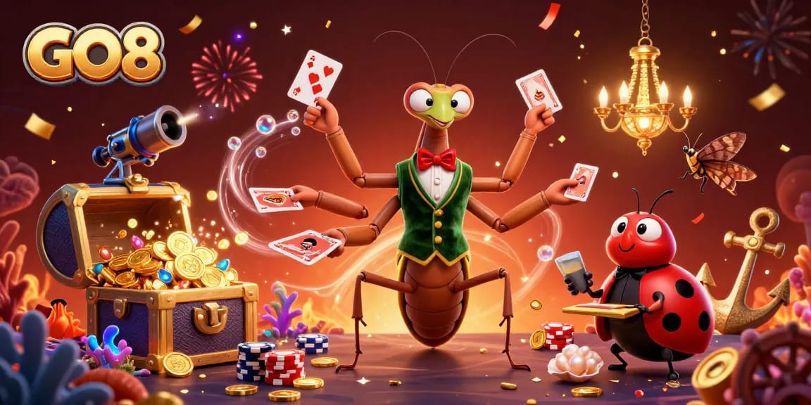 Experience the vibrant GO8 casino with a cartoon mantis and ladybug amidst gambling treasures.