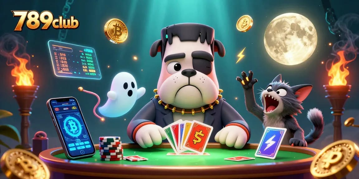 Playcards at 789club with bold characters and vibrant casino elements featuring crypto coins.