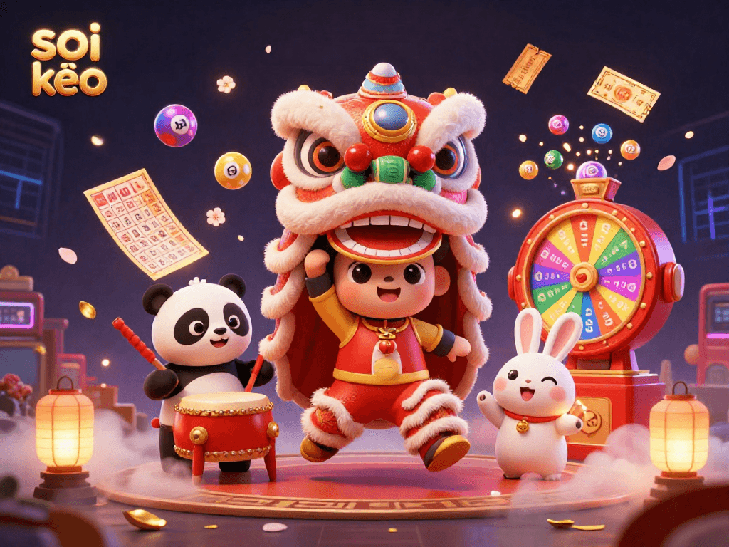 Engaging soi kèo scene with cartoon lion dance, drumming panda, and colorful lottery elements.