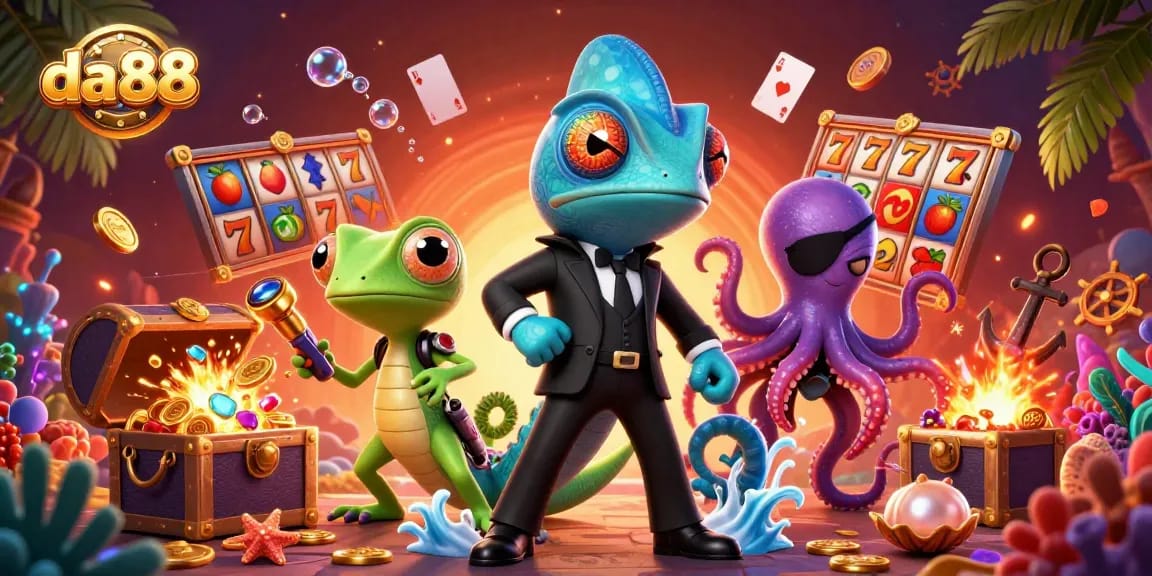 Experience thrilling spins with da88 in this vibrant casino scene featuring colorful slots and animated characters.