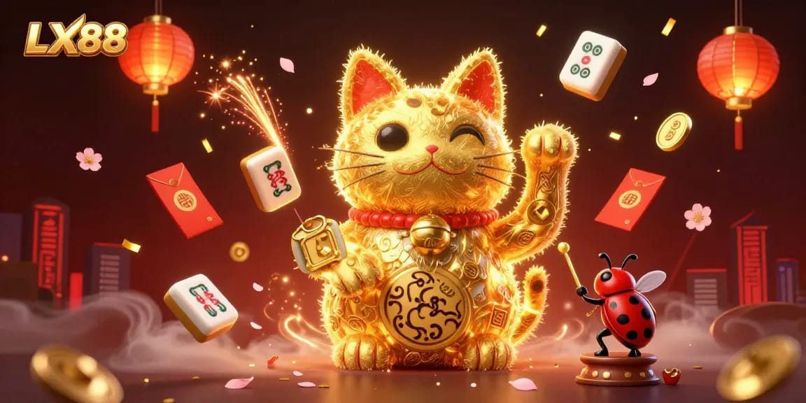 LX88 showcases a vibrant casino scene with golden fireflies and a lucky cat, perfect for boosting engagement.