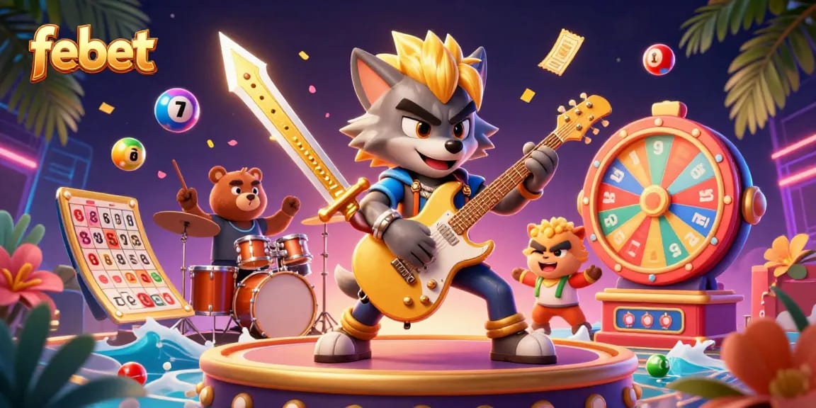 Engage in vibrant casino fun with febet featuring a rock star wolf on stage surrounded by colorful lottery elements.