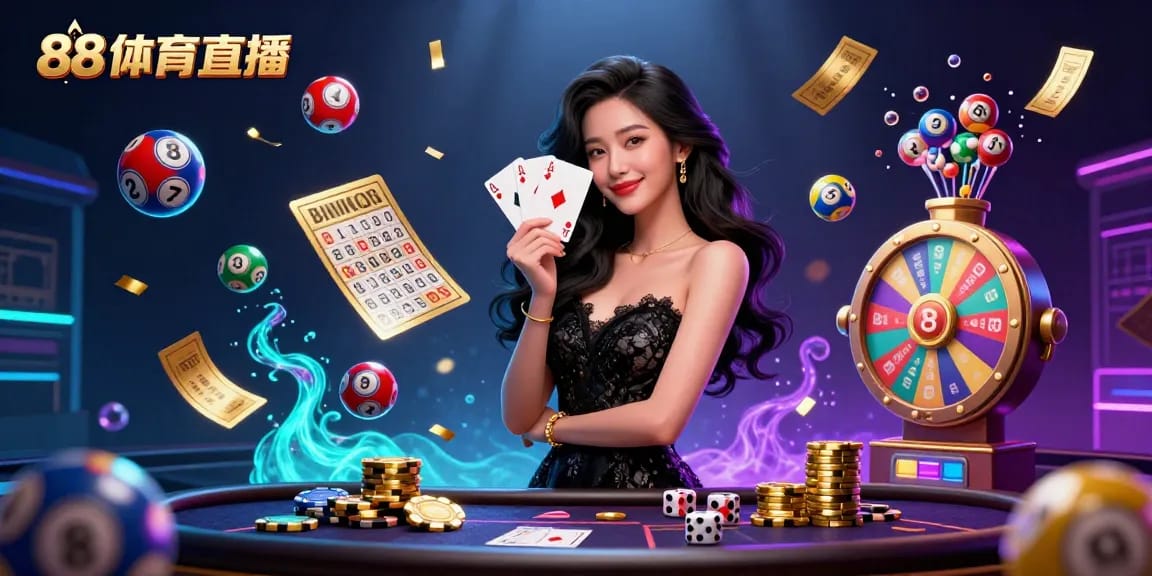 Experience thrilling moments of 88体育直播 with an elegant woman at a casino, showcasing cards and dynamic game elements.