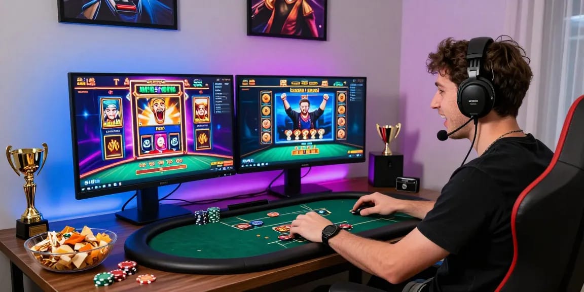 Engaged player celebrating a jackpot win while playing slot poker at a stylish home gaming setup amidst vibrant graphics and celebratory decor.