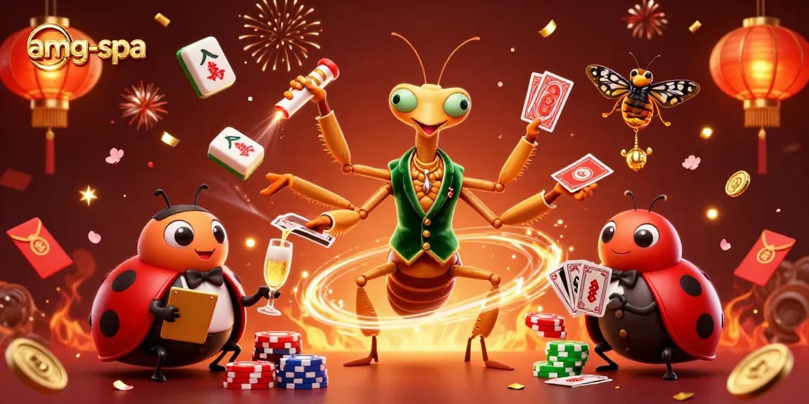 Experience exciting gaming moments at amg-spa with vibrant illustrations of card play and festive elements.