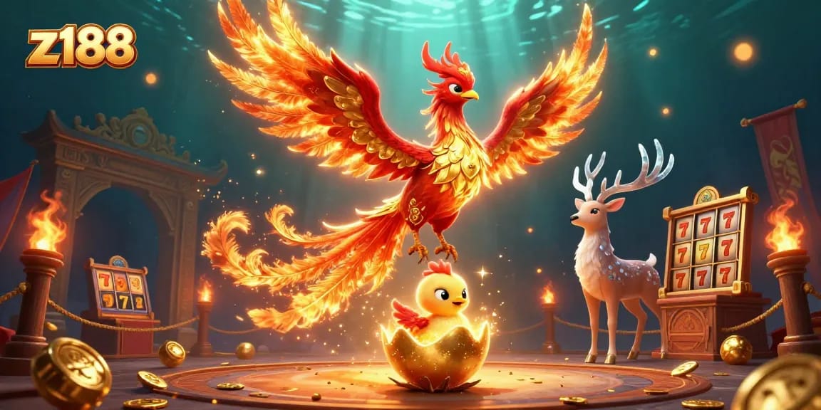 Experience the thrill of z188 with a phoenix soaring above slot elements in vibrant casino art.