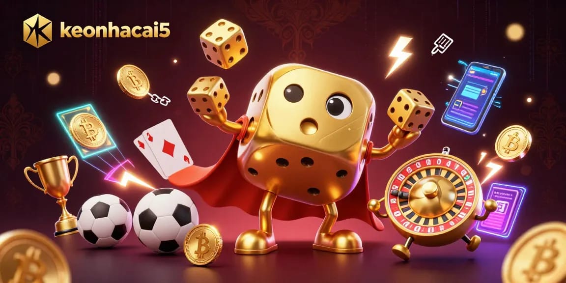 Engage in thrilling sports betting with keonhacai5, featuring animated golden dice, cryptocurrency coins, and dynamic visuals.
