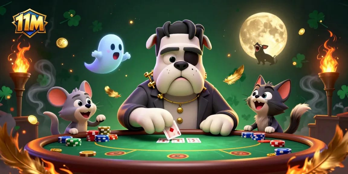 Engage with 11M and win at poker, illustrated with a spooky scene featuring lively characters and vibrant game elements.