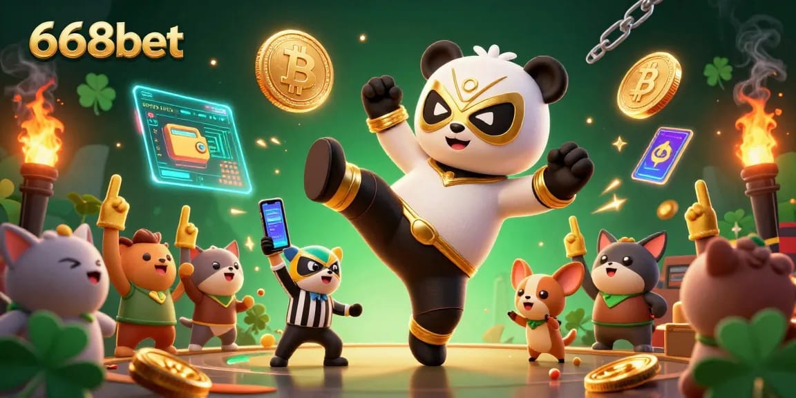 Experience the excitement at 668bet with vibrant characters and crypto gaming elements in a dynamic casino illustration.