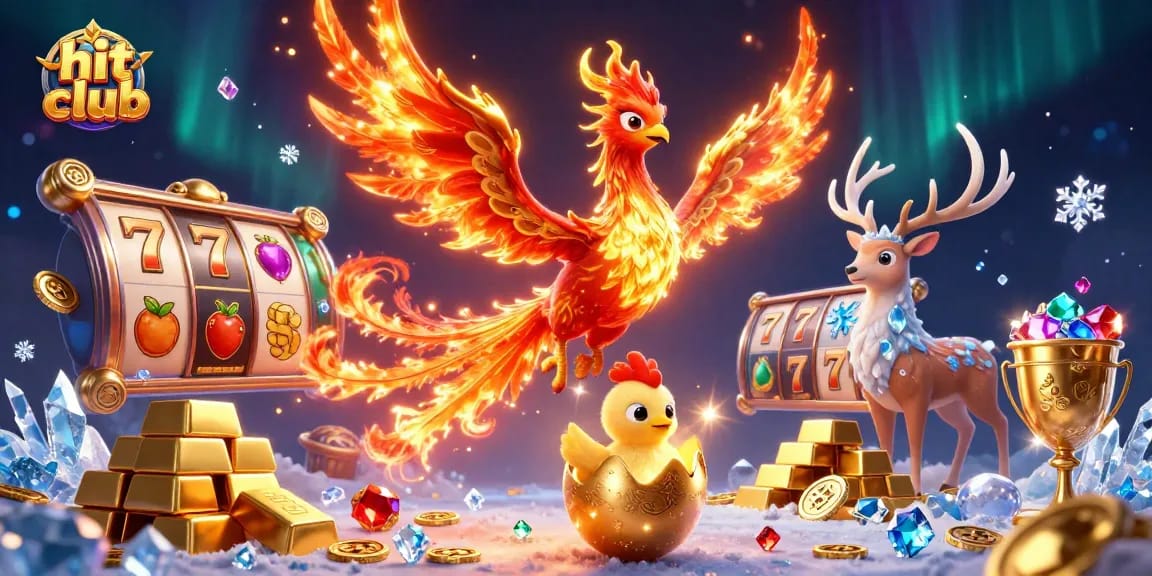 Hit club showcases a vibrant 3D scene with phoenixes and slot machine elements amidst dazzling treasures.