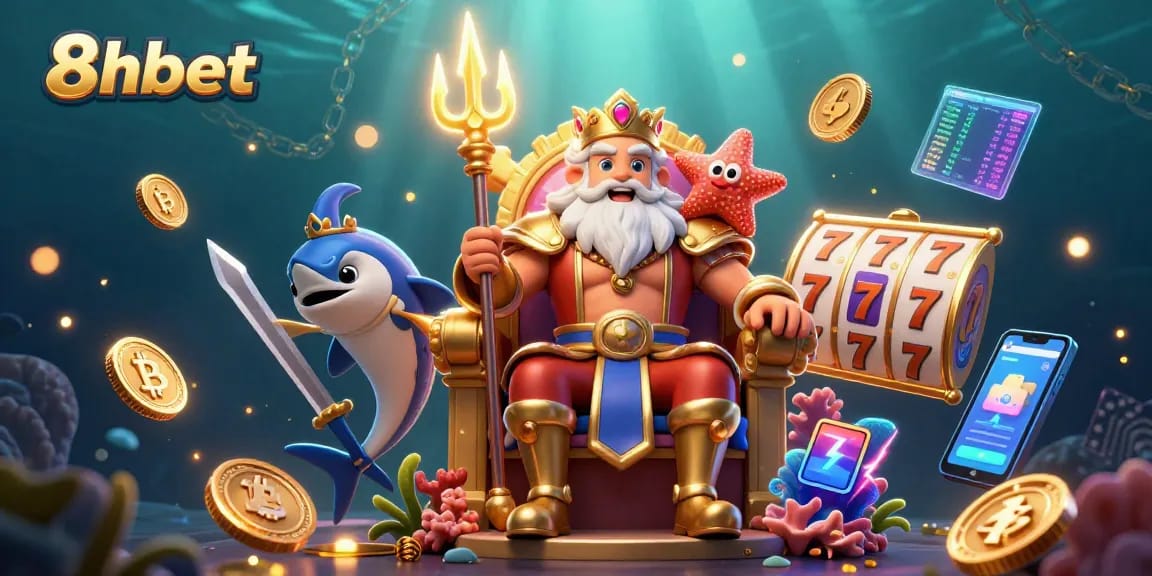 Engage with thrilling slots at 8xbet while enjoying a vibrant 3D illustration of Neptune and game elements.