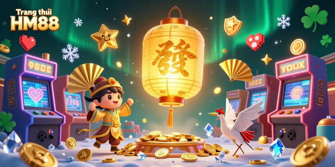 Engage and win with thrilling games at Trang chủ HM88, featuring a vibrant casino scene alive with dynamic characters and lucky symbols.