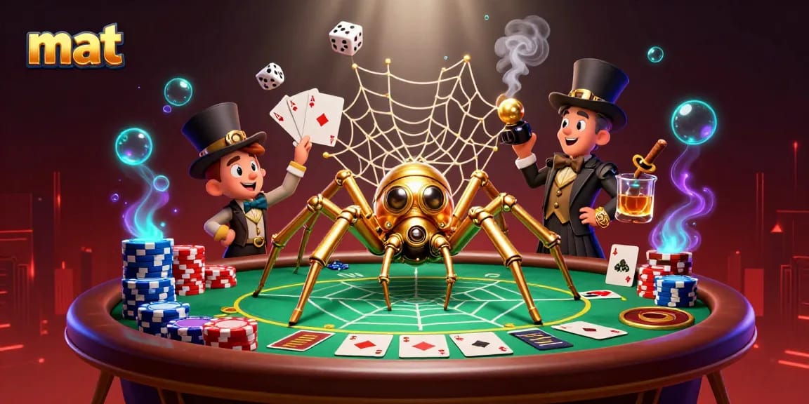 Experience thrilling gaming at mat with a steampunk spider and Victorian-style elements.