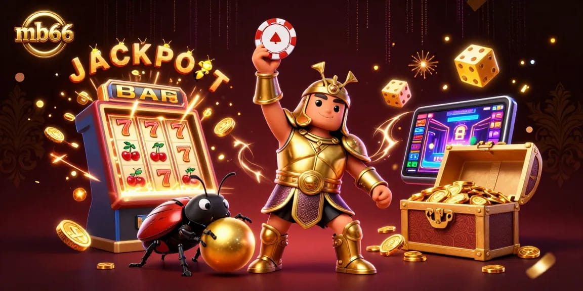 Spin the reels at mb66 with a gladiator beetle celebrating a casino jackpot, showcasing vibrant gaming elements.