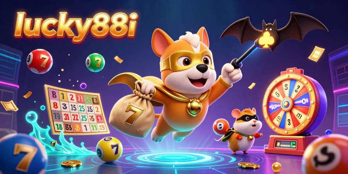 Experience thrilling gameplay with lucky88i as a superhero dog flies with gold coins in a lively casino scene.