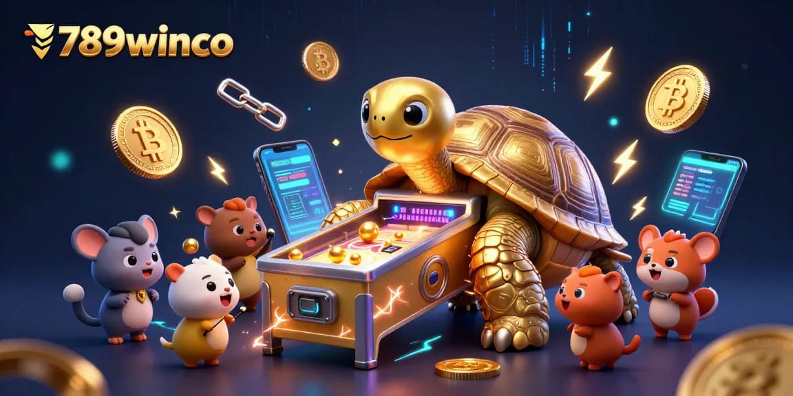 Play exciting casino games with 789winco's vibrant illustrated scene featuring a golden tortoise and animated rewards.