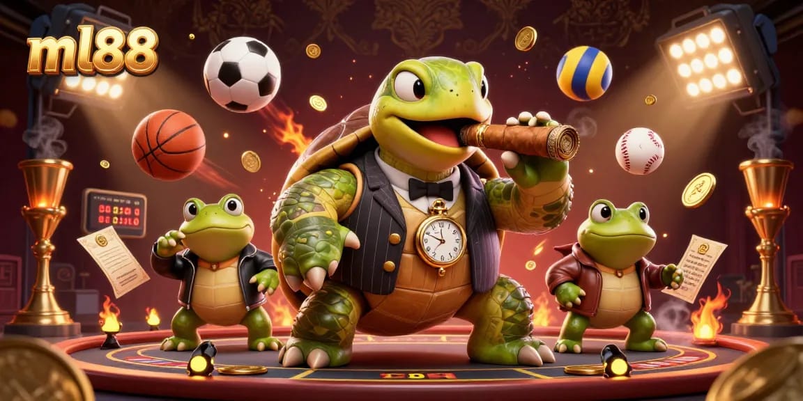 Experience the exciting ml88 casino scene featuring a turtle mobster and bullfrog enforcers.