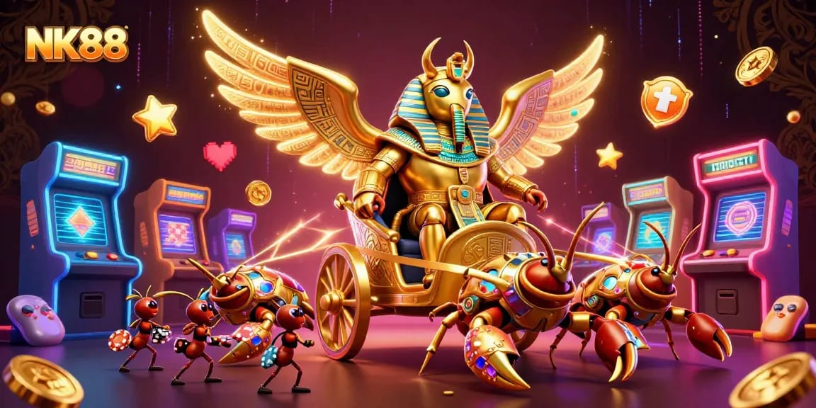 Engage with NK88's gaming experience featuring a golden scarab and colorful casino elements.