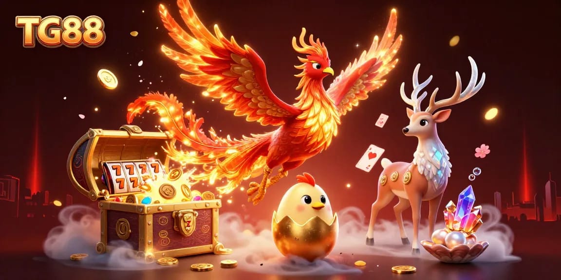 Experience thrilling gameplay at TG88 with a dynamic casino scene featuring phoenix and slot games.