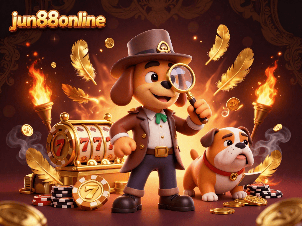 Engage with jun88online in a vibrant casino scene featuring a detective and his companion amidst golden poker elements.