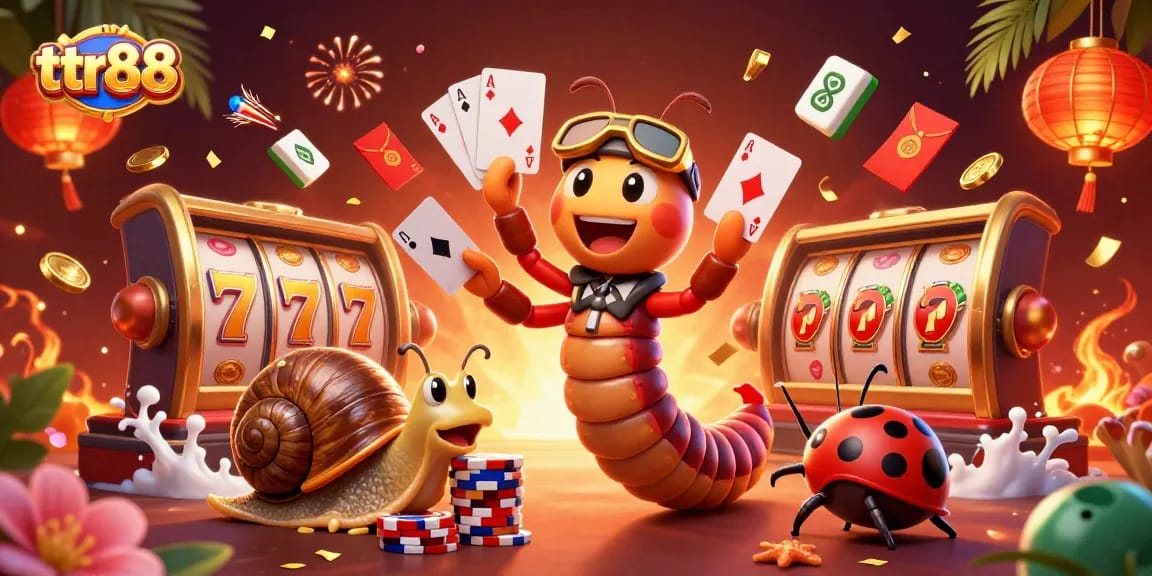 Engage with ttr88's lively casino scene featuring a millipede dealer, snail high-roller, and pill bug amid dynamic slot elements.