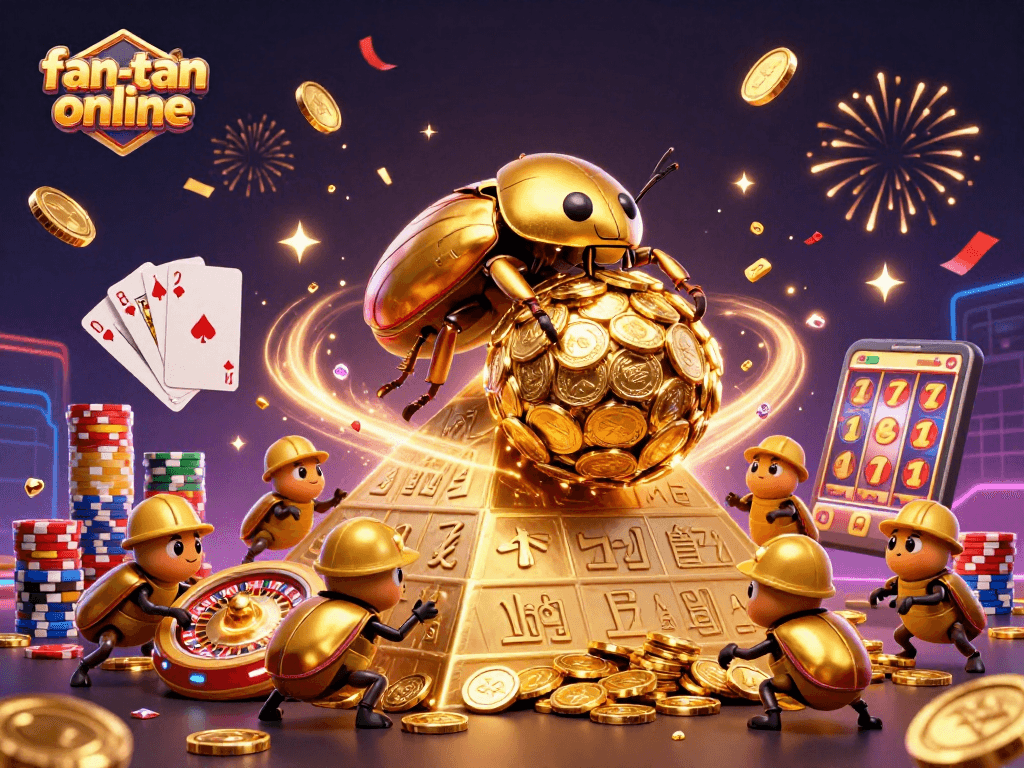 Experience fan-tan online with vibrant casino atmosphere featuring beetles and golden coins.
