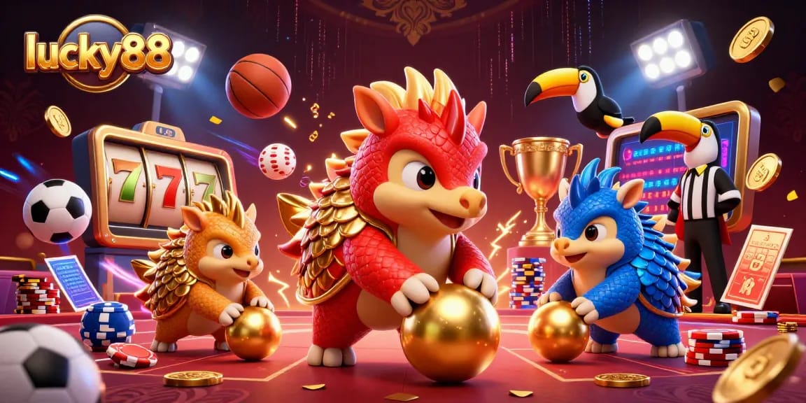 Illustration featuring lucky88 pangolins competing amidst casino elements in a vibrant, animated scene.
