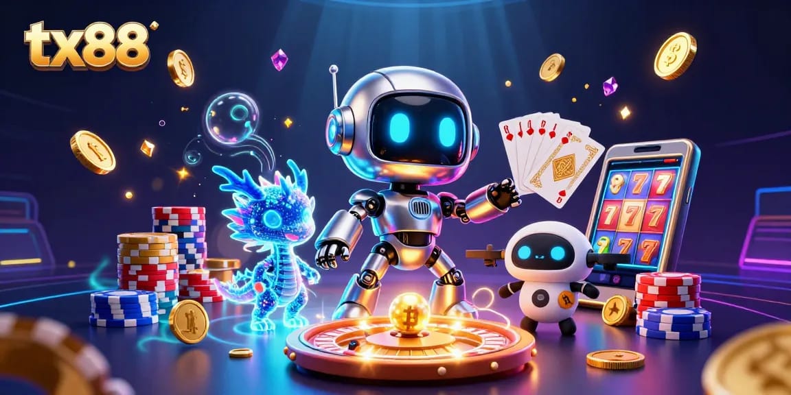 Experience thrilling gameplay at tx88 casino with vibrant characters, neon visuals, and dynamic gambling elements.