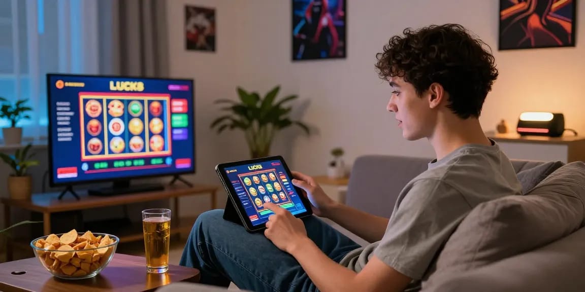 Engaging with LUCK8 online casino in a vibrant home setting, showcasing interactive gaming experience and colorful graphics.
