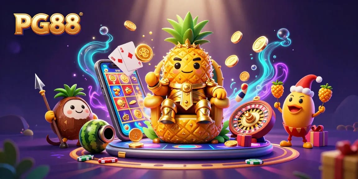 Experience PG88 excitement with a vibrant 3D casino scene filled with lively characters and gambling elements.