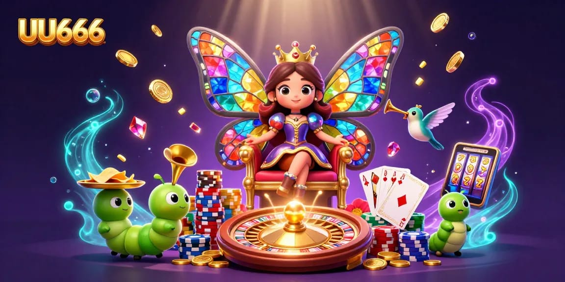 Experience the captivating world of UU666 with the butterfly queen and shimmering casino elements!