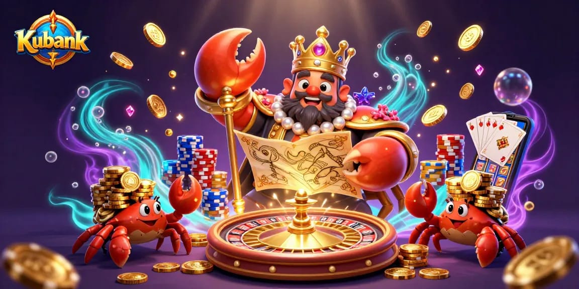 Kubank showcases a vibrant 3D casino scene filled with golden coins, chips, and lively characters.