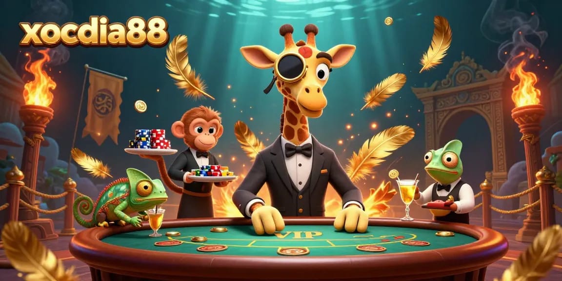 Xocdia88 offers a vibrant casino scene with a giraffe in a suit at a poker table, showcasing dynamic gambling elements.
