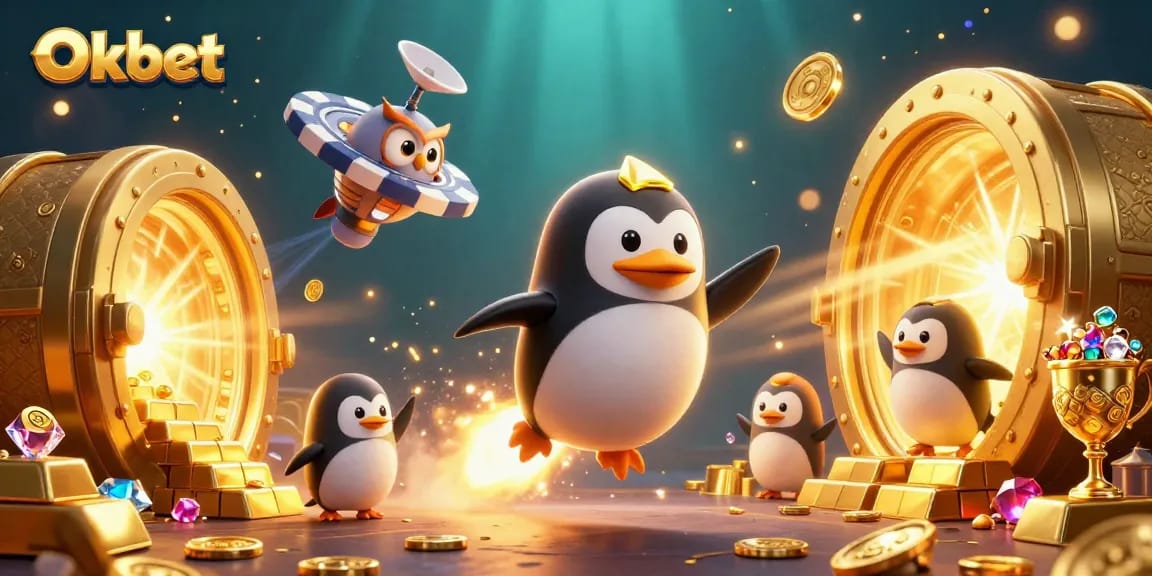 Experience the excitement of Oxbet with a golden penguin and vibrant casino elements in 3D