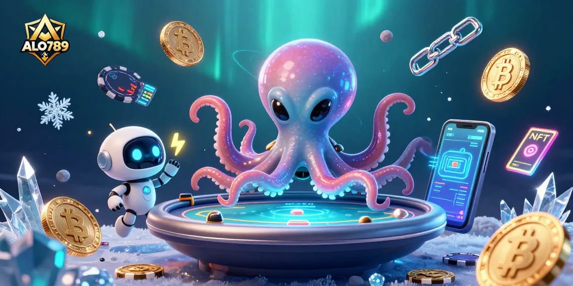 Experience the excitement of ALO789 with an alien octopus hosting a cosmic poker game among Bitcoin coins.