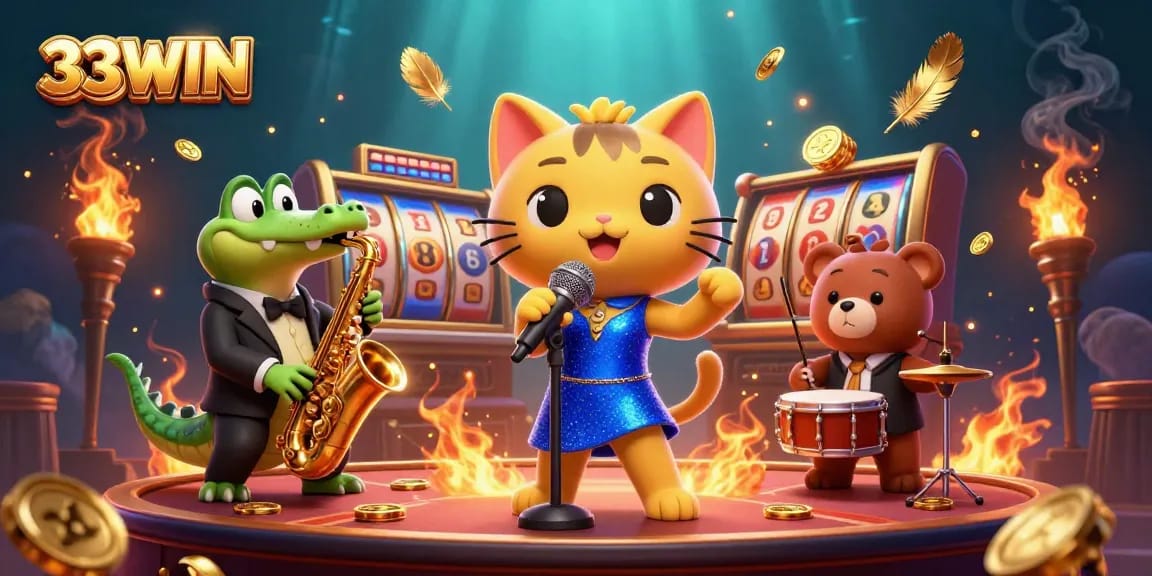 33WIN invites you to experience thrilling casino games with a jazz-singer cat and fun characters.