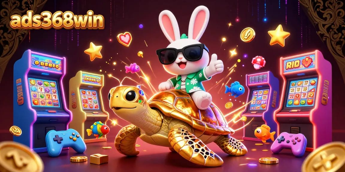 ads368win showcases a vibrant casino scene with a lucky rabbit and turtle, slot machines, and glowing elements.