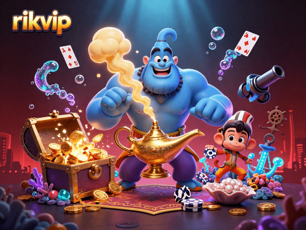 Experience exciting rikvip-themed gaming with a vivid illustration of a genie, monkey, and poker chips.