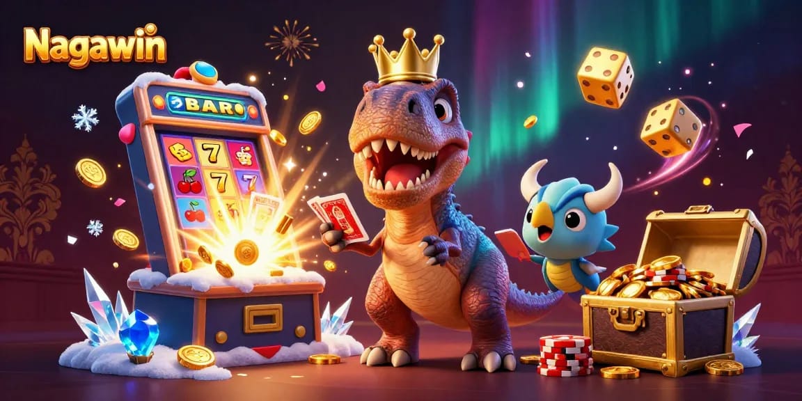 Nagawin showcases an exciting cartoon scene with a T-Rex and friends at a jackpot slot machine, celebrating wins.