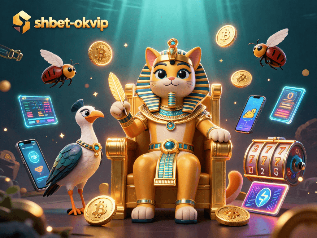 Engage in thrilling gameplay with shbet-okvip, featuring an Egyptian pharaoh cat amidst vibrant casino elements.