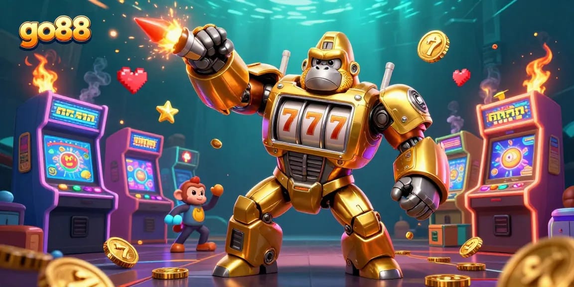 Engage with go88's thrilling casino action featuring a golden gorilla mech smashing coins while piloted by a tiny monkey.