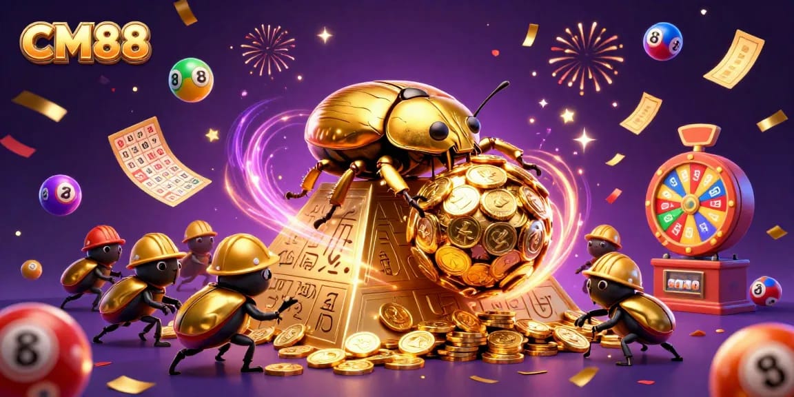 Experience the excitement at CM88 with a golden dung beetle rolling coins amidst vibrant gambling elements.