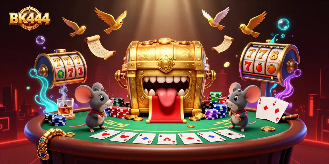 Engage with BK444's vibrant 3D casino world featuring a treasure chest and poker elements.
