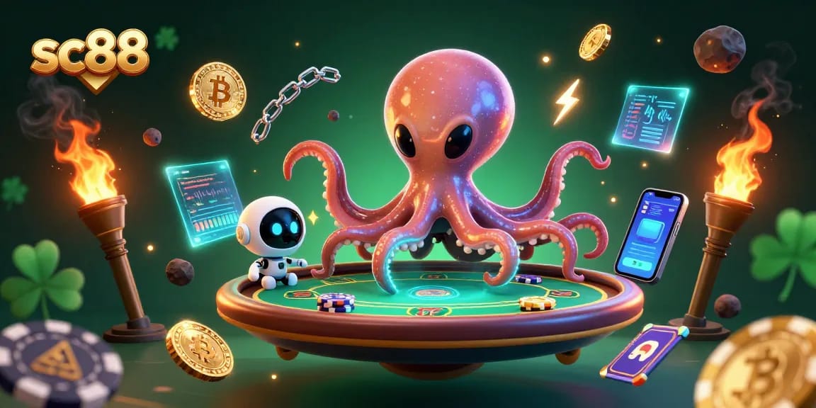 Engage in thrilling poker at sc88 with an alien octopus and robot at a holographic table.